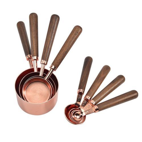 Rose Gold Measuring Cups and Spoons Set, Copper Pink Stainless Steel Cup and Spoon with Wooden Handle, Coffee Cake Milk Baking Measuring Cup Rose Gold Measuring Cups and Spoons Set, Copper Pink Stainless Steel Cup and Spoon with Wooden Handle, Coffee Cake Milk Baking Measuring Cup