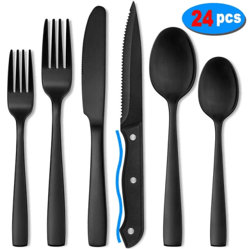 Silverware Set, Flatware Sets with Steak Knives, Flatware 24 Piece Set Food-Grade Stainless Steel Silverware Sets Silverware Set, Flatware Sets with Steak Knives, Flatware 24 Piece Set Food-Grade Stainless Steel Silverware Sets