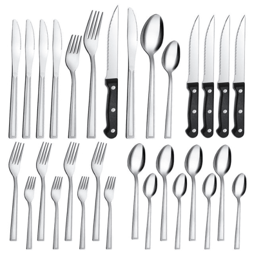 Bestdin 24 Pieces Silverware Set with Steak Knives, Stainless Steel Flatware Sets Service for 4, Mirror Polished Pattern Design Tableware Sets for Hom Bestdin 24 Pieces Silverware Set with Steak Knives, Stainless Steel Flatware Sets Service for 4, Mirror Polished Pattern Design Tableware Sets for Hom