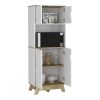 Pamplona Microwave Tall Cabinet Counter Surface, Top And Lower Double Doors Cabinets -Light Oak / White