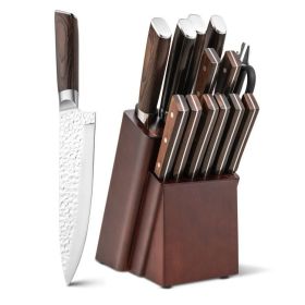 15 Pieces Stainless Steel Knife Block Set with Ergonomic Handle (Color: Silver, brown)