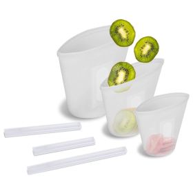 3Pcs Silicone Food Storage Bags Reusable Leakproof Food Container Set with 3 Seals Microwave Dishwasher Safe Environment Friendly 8.5Oz/17Oz/25.4Oz (Color: White)